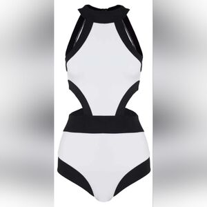 White one piece with black trim high neck and side cutouts size large